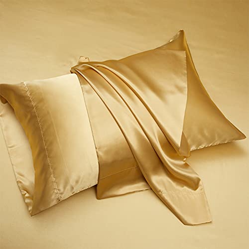 AiMay 4 Piece Queen Size Satin Bed Sheet Set Deep Pocket Solid Golden Color Luxury Silky Super Soft 1 Flat Sheet 1 Fitted Sheet 2 Envelope Style Pillowcases Reversible Honeymoon (Golden, Queen 4pc) by AiMay - Used condition - Image 5