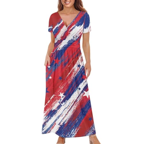 Image of Women's Fall Summer Short Sleeve Ankle Length V-Neck Party Dress with Pockets Size S-3XL