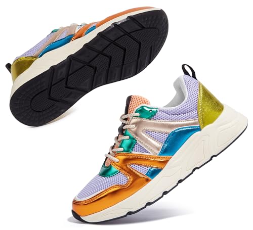 LUCKY STEP Women's Fashion Cusual Sneakers Platform Classic Leopard Walking Tennis Travel Shoes Chunky Colorful Lifestyle Sneakers(Orange/Purple,7B(M) US)