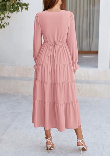 PRETTYGARDEN Long Sleeve Dress for Women 2025 Fall V Neck Tiered Aline Spring Elegant Modest Flowy Wedding Guest Maxi Dresses