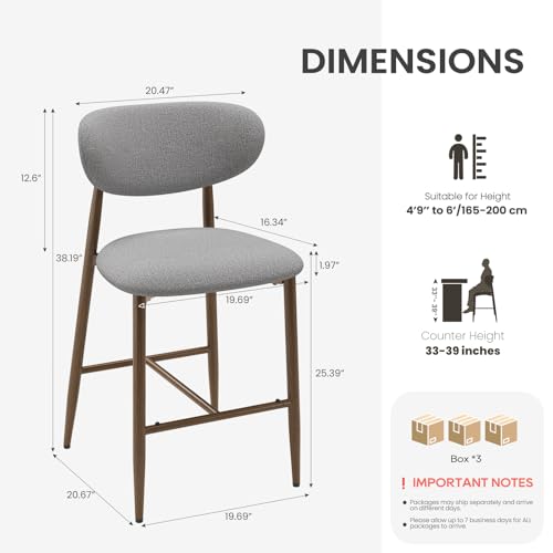Image of MALOL Bar Stools Set of 6, Counter Height bar stools, Kitchen Bar Stools with Backs, Modern Upholstered, Modern Bar Stools with Metal Legs for Kitchen Island, Counter, Light Grey