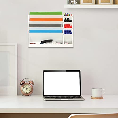 X-Cosrack Wooden Hanging File Organizer 4-Tier Vertical Holder Rack Desktop Organizer With Pencil Storage And Bottom Flat Tray For Office Home Countertop White #TOP4