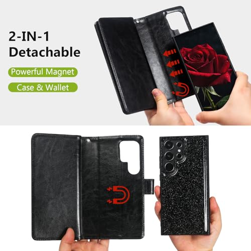 Varikke for Samsung Galaxy S24 Ultra Wallet Case Detachable with RFID Blocking Card Holder for Women, Glitter PU Leather Strap Wrist Magnetic Flip Removable Case for Galaxy S24 Ultra 6.8", Black by Varikke - Image 4