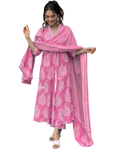 Image of PARTHVI Women's Rayon Blend Anarkali Printed Kurta with Pant & Dupatta & Dupatta