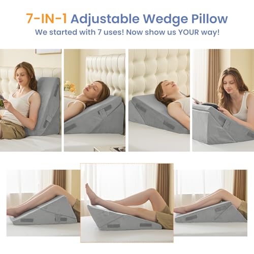 Sasttie Wedge Pillow for After Surgery, Adjustable Bed Wedge Pillow Headboard for Acid Reflux, Sleeping, Neck & Back Support, with Removable Cover, Light Grey & Velvet