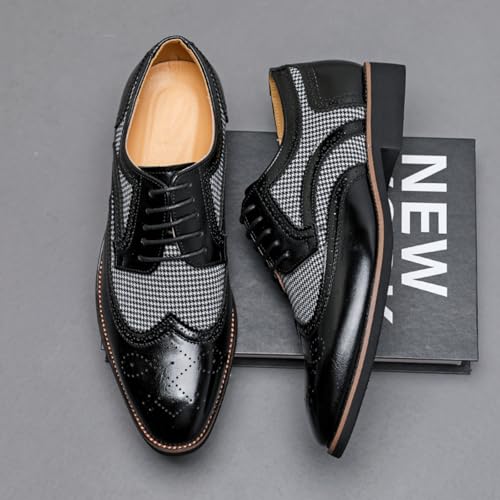 Men's Leather Upper & Houndstooth Accent Brogue Shoes, Classic Pointed - Toe Business Formal Dress Shoes with Lace - up Style, Perforated Patterns and Stable Sole3