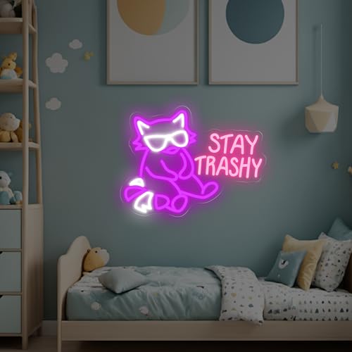 Image of Stay Trashy Neon Sign Raccoon LED Light Stay Trashy Decor Wall Raccoon Decoration Funny Funny Home Decor Room Decoration, 17.1 inchx13 inch