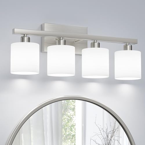 PARTPHONER Bathroom Light Fixtures, Bathroom Lighting Fixtures Over Mirror, Classic Vanity Lights, Modern Vanity Light with Textured Frosted Opal White Glass Shades, Brushed Nickel, 4-Light by PARTPHONER - Used condition - US$15.99