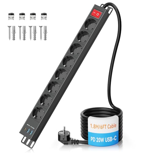 Steckdosenleiste 8 Fach mit USB C PD 20W, Ohuo Steckdosenleiste 8-Fach mit Überspannungsschutz und USB, Mehrfachsteckdose mit Schalter 8fach Wandmontage Schwarz