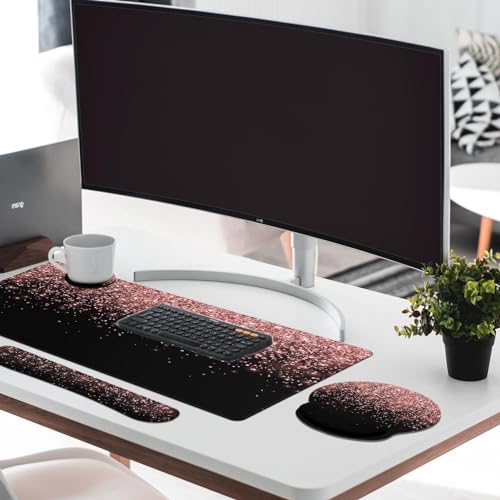 Britimes Rose Gold Pink Keyboard Mouse Pad Set Black Golden 4in1 Large Mousepad+Keyboard Wrist Rest+Mouse Wrist Rest+Coaster Ergonomic Design for Home Office Computer 35.4x15.7Inches