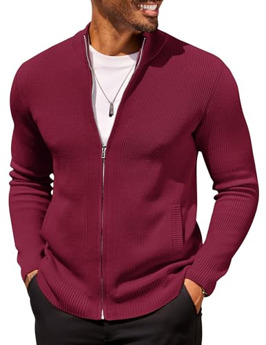 COOFANDY Knitted Cardigan Sweaters for Men Casual Ribbed Full Zip Big and Tall Mock Neck Zipper Long Sleeve Cardigans with Pockets Red S-3XL