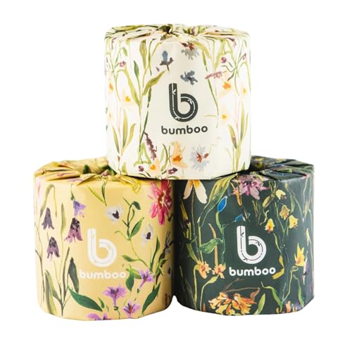 Bumboo Bamboo Toilet Roll 24 Pack | Wildflower Edition Wrapped Toilet Paper 3 ply, 300 Sheets | Eco Friendly Toilet Paper | Plastic-Free, Soft, Strong, Sustainable & Biodegradable Toilet Tissue