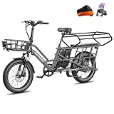 Fafrees Longtail E-Bike 20 * 3.0 Zoll, E-Lastenrad 250W 25km/h, ebike Damen 12Ah*2 Akku, E-Fahrrad 75N.m Reichweite 100-140km, Tragkraft 200kg (Vorderkorb + Kindersitz, Grau)