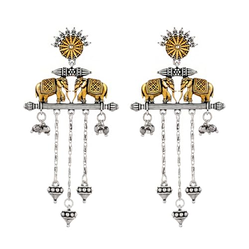 Image of Voylla Qasbah Oxidised Two Tone Stud Earrings For Women, Oxidised Dangler Earrings For Women, Dual Tone, Everyday, Festive, Diwali, Karwachauth, Gift For Her (Haathi Mere Sathi)