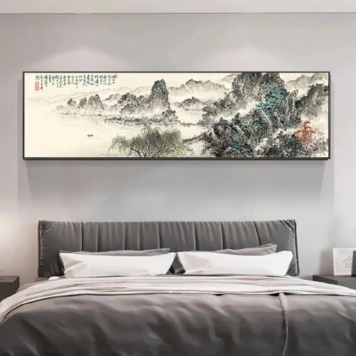 Toile paysage traditionnel chinois 40x110 cm avec cadre intérieur pour décoration de salon