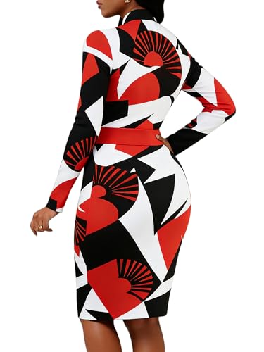 Image of MsavigVice Bodycon Dress Women Mandarin Collar Long Sleeve Knee Length | Vibrant abstract prints with bold varied hues, soft stretch fabric contours curves for sleek versatile everyday styling