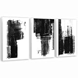 Black and White Wall Decor - Minimalist Artwork - With Black Watercolor Paint Splatter Abstract Picture On Canvas Stretched and Framed for Living Room Home Office Decor Ready to Hang-12'x16'x 3 Panels