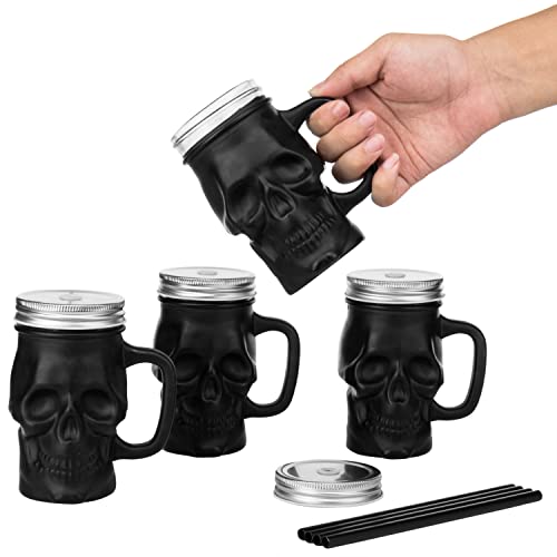 Mygift Matte Black Halloween Skull Wide Mouth Mason Jar Glass Mug With Silver Screw On Lid And Reusable Straw, Decorative Halloween Drinkware - 12 Oz, Set Of 4 #TOP3