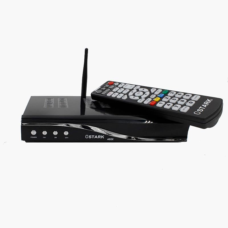Ostark AS2X Satellite Receiver with its remote control and USB WiFi dongle.