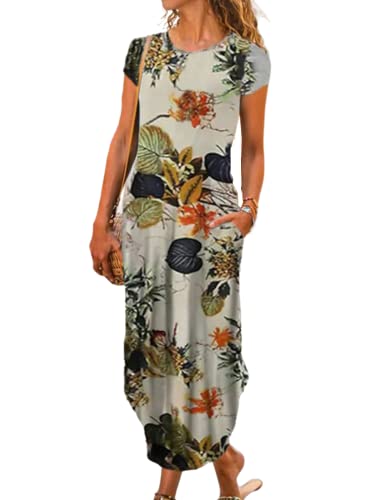 Image of Women Summer Casual Maxi Dress Floral Printed Loose Pockets Short Sleeve Split Boho Dresses