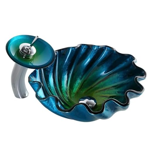 KunMai Blue&Green Seashell Wave Tempered Glass Bathroom Vessel Sink & Waterfall Faucet Set Chrome