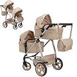 Celuna Premium Stone Twin Dolls Travel System with 9 Play Patterns | Adjustable Handle 73.5–81.5cm | Twin Dolls Pram & Pushchair | Luxury Pretend Play Travel System for Children Aged 3+