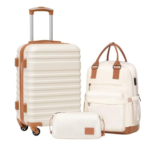 Image of Coolife 3 piece luggage Carry On Hardside Set Backpack,White(BP /TB /20) | 360 Smooth Spinner Wheels;Smart Trolley Sleeve;Water-Resistant Fabric;Organized Divider Interior;Lightweight ABS