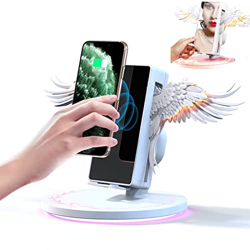 Wireless Charger, Angel Wings15W Induktive Ladestation iPhone Kabelloses Ladegerät Mit Schminkspiegel Für iPhone 14/13/12/11/X+Samsung 23/22/Z/Flip+Huawei Mate 50 Pro Alle Qi-Fähige Geräte Cover