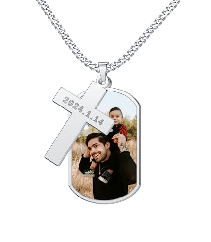 Custom Picture Necklace Personalized Photo Cross Name Pendant for Men Dad Custom Nameplated Dog Tag Necklace for Memorial Necklace with Picture Hip Hop Jewelry