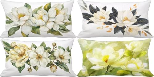 Fundas Cojines 40x70 Juego de 4 Retro Cojines Exterior Impermeable Lino Cushion Covers Flor Diseño Estampado con Cremallera Invisible para Verano Exterior Jardín Patio Coche Decorativos Regalo r13-2F