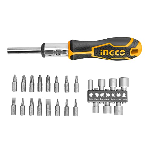 Image of INGCO HKSDB0248 24 Pcs Screwdriver Set, 16 Pcs 6.35X25mm Screwdriver Bit, INGCO Style Ratchet Handle, High Auality Cr.V Material, Heavy duty, High Torque Resistance Screwdriver Set (1 Set)