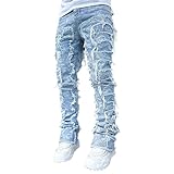 Maiyifu-GJ Men's Patchwork Fashion Jeans Streetwear Stretch Denim Pants Tassels Casual Skinny Trousers (Sky Blue,Medium)