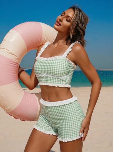 Image of ZAFUL Womens High Waisted Bikini Sets 2 Piece Plaid Ruffle Swimsuits Back Strap Top with High Waisted Shorts Bathing Suit