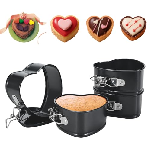 Reroon Springform-Set, 10 cm, 4 Stück, antihaftbeschichtet, auslaufsicher, Käsekuchenform, herzförmig, abnehmbarer Boden, Backformen, für Mini-Kuchen, Quiches, Käsekuchen