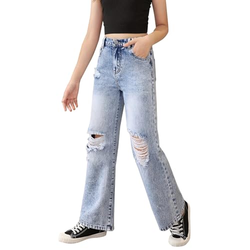 Girls Ripped Baggy Jeans Wide Leg High Elastic Waisted Denim Pants Cute Casual Y2K Streetwear Trousers Fall Winter Jeans4