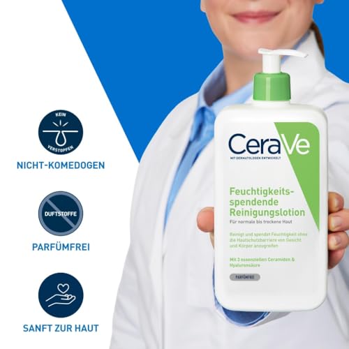 CeraVe Feuchtigkeitsspendende Reinigungslotion für Gesicht und Körper, Sanft reinigend ohne Schaum, Für normale bis trockene Haut, Mit Hyaluron und 3 essenziellen Ceramiden, 1 l