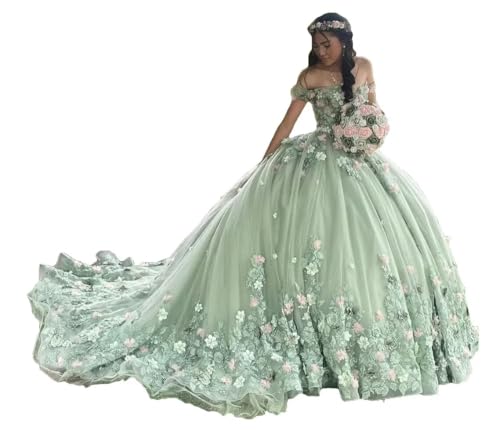 Amazon.com: Asulla 3D Flower Quinceanera Dress with Train Fairytale Sweet  16 Dress Off Shoulder Ball Gown Mint Green 0: Clothing, Shoes & Jewelry