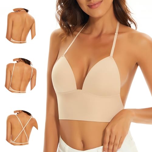 Low Back Bras for Women-Seamless Bralette Wireless Triangle Invisable Backless Bra-Low Cut Strappy Open Back Halter Bra2