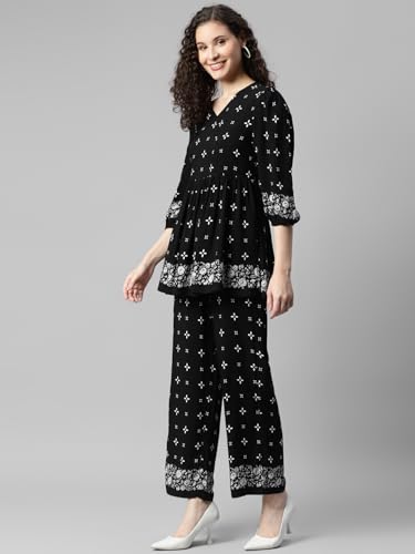 Image of DEEBACO Women's Ethnic Motif Print Rayon Top & Pants Co Ord Set for Women V Neck 3 /4 Puff Sleeve Ladies Party Casual Wear Fashionable for Girls Loose Fit Cord Set (DBCOMR00000981 XL Black)