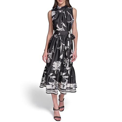 Image of Karl Lagerfeld Women's Sleeveless Mock Neck Printed Scarf Twill Boarder Print Midi Dress