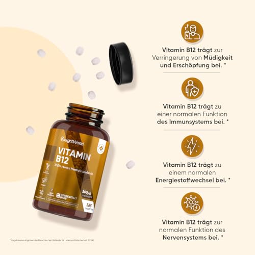 Vitamin B12-500mcg pro Tablette - 365 vegane Tabletten - 1 Jahr Vorrat - Reines Methylcobalamin - Vitamin B 12 trägt zur normalen Funktion des Nervensystems bei (EFSA) - Glutenfrei - WeightWorld