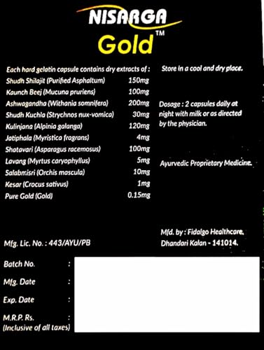 Image of Nisarga Gold Shilajit Capsules with Ashwagandha, Kaunch Beej for Strength, Stamina, Vigor supplement | 20 Capsules