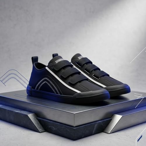 Image of Men's Black Canvas Sneakers - Stylish Casual Shoes with Non Tie Elastic Laces | 7mm Memory Foam & EVA Insole | Lightweight & Comfortable Everyday Footwear (Sizes 6-10)