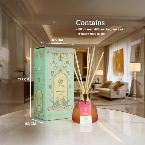 Image of Ekam Frosted Glass 60ml Rose Reed Diffuser Set | Free 6 Fiber Reed Sticks | Stress Relief & Aromatherapy | Long-Lasting Home Fragrance (Up to 60 Days) | Air Freshener for Room, Bedroom & Bathroom