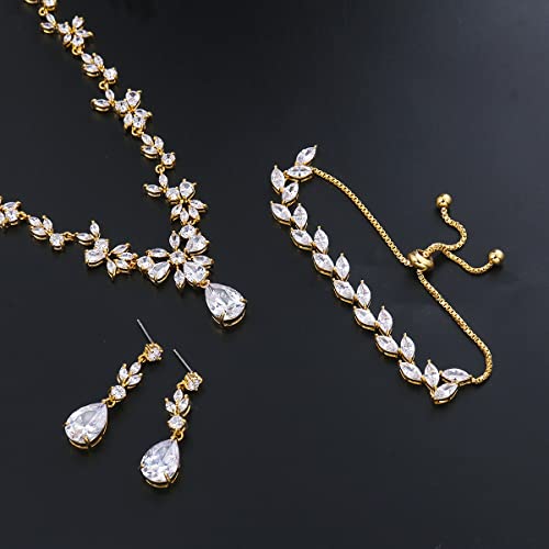 Meedoz Jewelry Cz Set For Women, Gold Plated Necklace Dangle Earring Bracelet Set With Marquise Pear-Shaped Teardrop Cubic Zirconia For Bridal Wedding Party (Gold) #TOP3