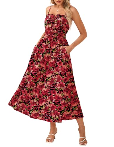 GRACE KARIN Damen Boho-Blumenkleid Lässiges Ärmelloses Maxikleid mit Spaghettiträgern Falten und lockerer A-Linien Strandkleid Festliches Kleid mit Taschen