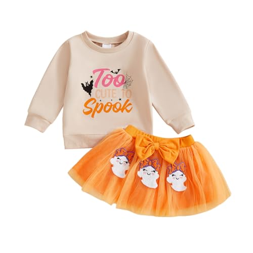 Userdefined Toddler Baby Girl Halloween Outfit Letter Ghost Embroidery Sweatshirt Tulle Skirt Fall Clothes Set