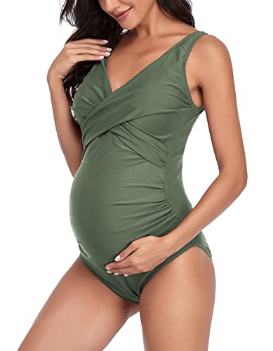 Summersunshine Maternity One Piece Swimwear Front Cross Pregnancy Swimsuit Bathing Suit Maternity Bikini Army Green M #TOP1
