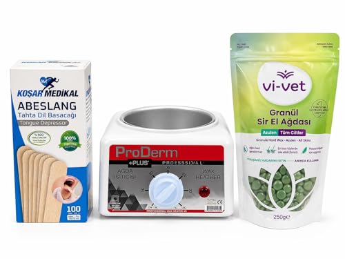 Spatula, ProDerm Profesyonel Ağda Seti, Wax Heater 45 + Vi-Vet Azulen Granül Sir El Ağdası 250g + 100 Adet Tahta
