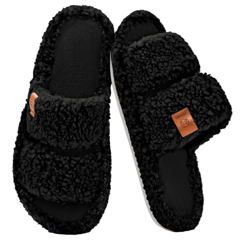 Donpapa Hausschuhe Damen Herren Gemütlich Weiches with Memory Foam Pantoffeln für die Übergangszeit Kunstalpaka Winter Warme Slippers Schwarz 270 EU38.5-40